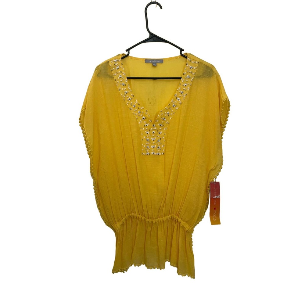 NY Collection NWT Yellow Sheer Blouse XL Beaded V Neck Boho Flow Top